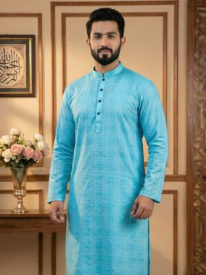 Jamdani Cotton- Sky Blue Panjabi