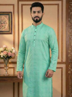 Premium Jamdani Cotton- Mint Green Panjabi